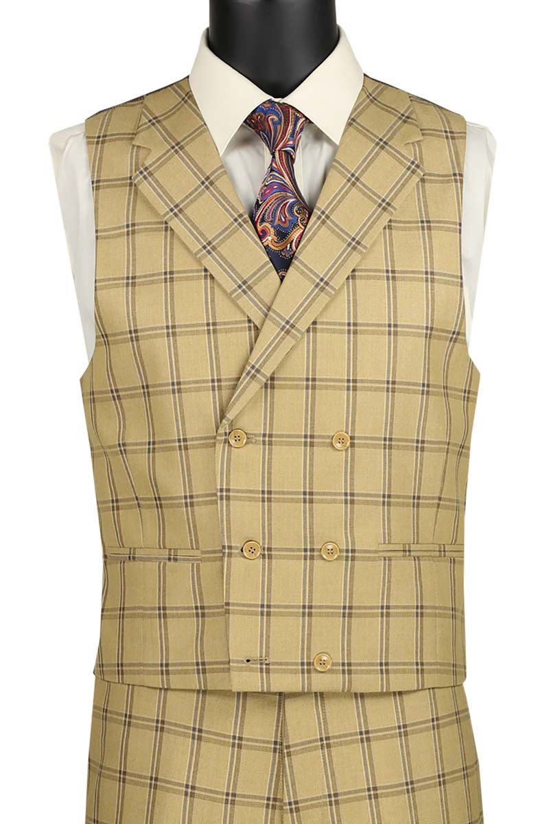 Tuscany Collection - Modern Fit Windowpane Suit 3 Piece in Tan