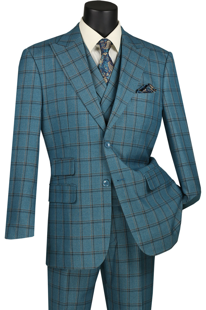 Tuscany Collection - Modern Fit Windowpane Suit 3 Piece in Teal Blue