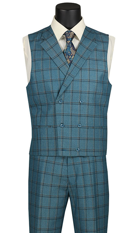 Tuscany Collection - Modern Fit Windowpane Suit 3 Piece in Teal Blue