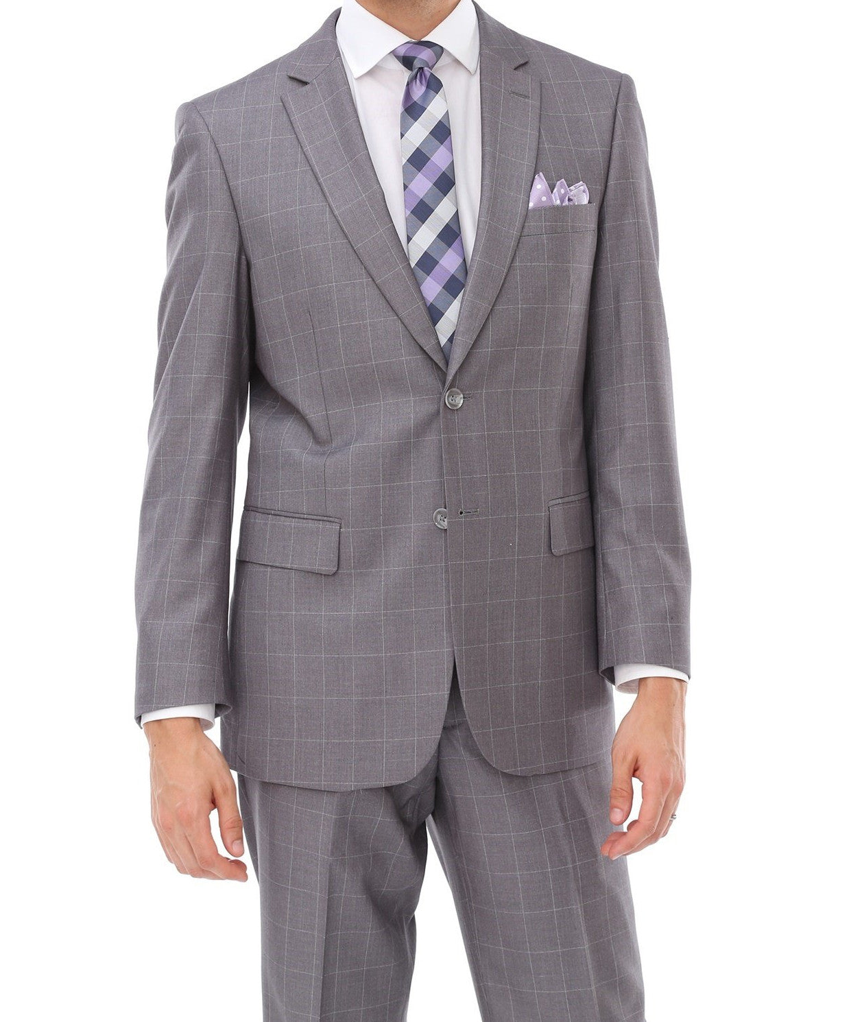 Wool Suit Modern Fit Windowpane 2 Piece in Light Gray