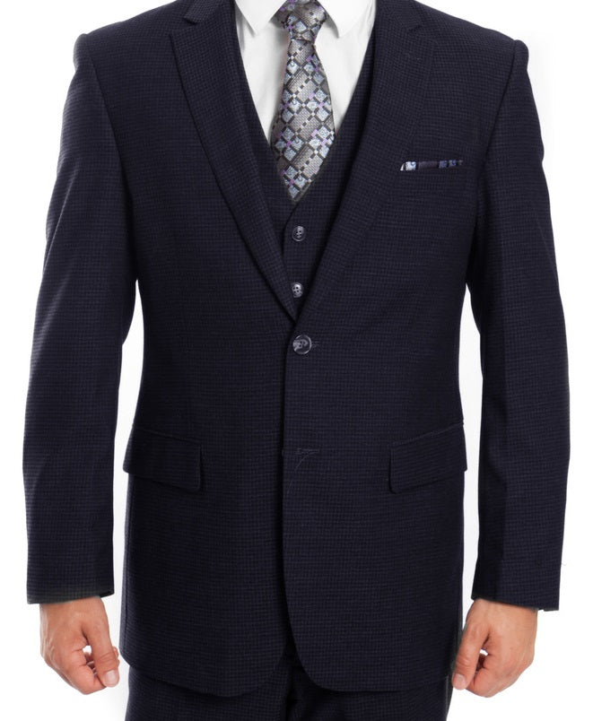 Dotted Wool Suit Modern Fit 3 Piece in Navy