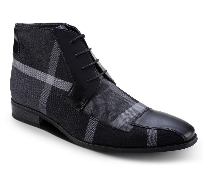 Men's Asymmetrical Windowpane Patterned Boots in Black