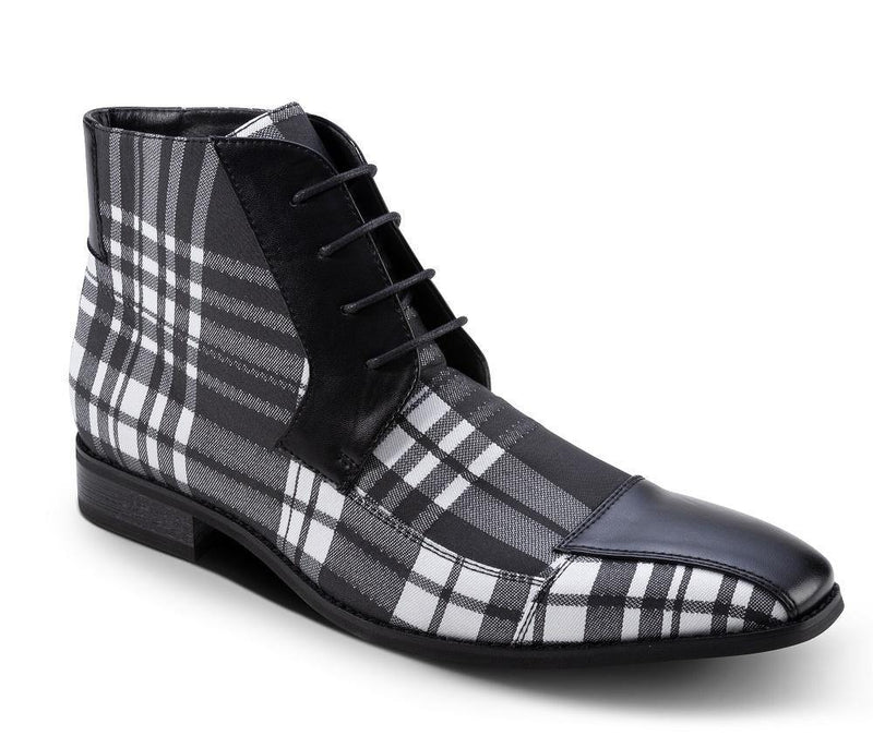 Men's Asymmetrical Plaid Patterned Boots in Black