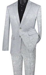 Silver Tone on Tone Paisley Pattern Slim Fit Men's 2 Piece Suit 2 Button