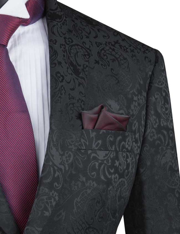 Black Tone on Tone Paisley Pattern Slim Fit Men's 2 Piece Suit 2 Butto ...