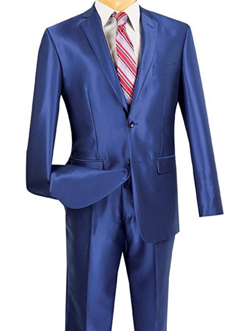 (40S) President Collection - Blue Shiny Sharkskin 2 Piece 2 Button Slim Fit Suit