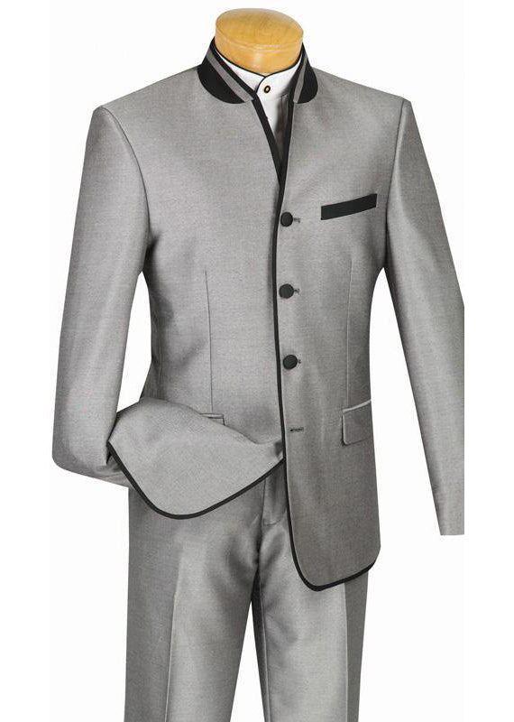 Oriental Collection - Banded Collar Slim Fit Suit Shiny Sharkskin 2 Piece Gray