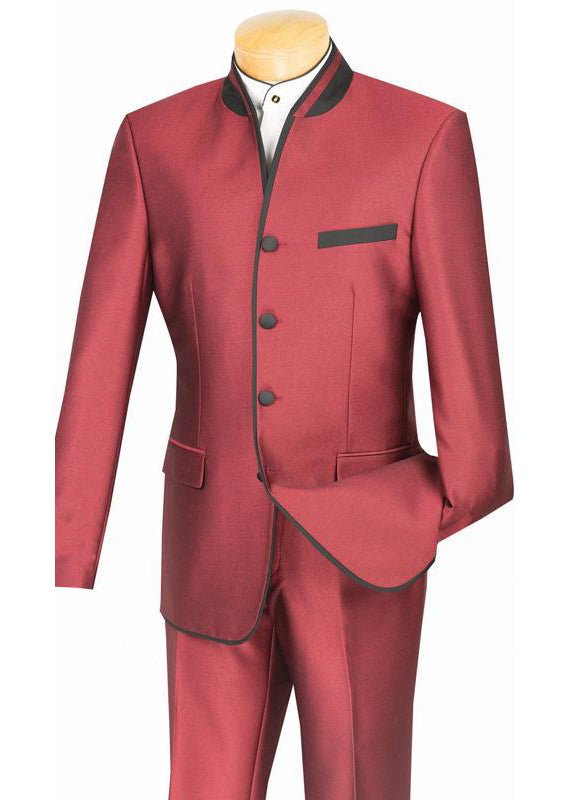 Oriental Collection - Banded Collar Slim Fit Suit Shiny Sharkskin 2 Piece Wine