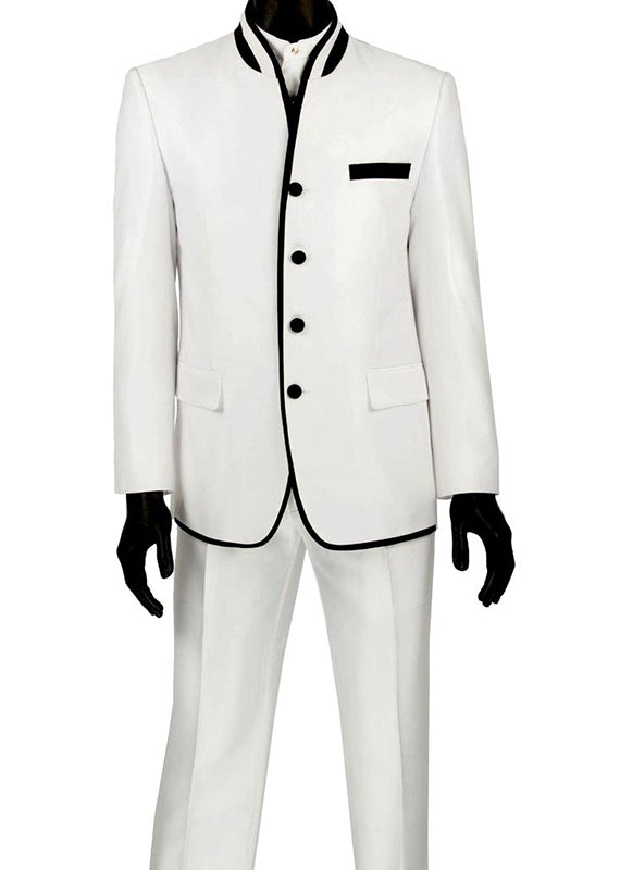 Oriental Collection - Banded Collar Slim Fit Suit Shiny Sharkskin 2 Piece White