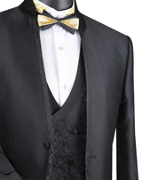 Bourbon Collection - Slim Fit 3 Piece Banded Collar Shiny Sharkskin Suit in Black