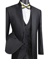 (46R) Bourbon Collection - Slim Fit 3 Piece Banded Collar Shiny Sharkskin Suit in Black
