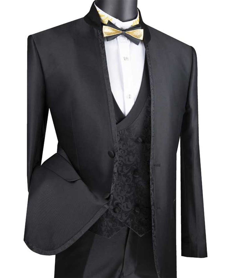 Bourbon Collection - Slim Fit 3 Piece Banded Collar Shiny Sharkskin Suit in Black