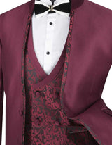 Bourbon Collection - Slim Fit 3 Piece Banded Collar Shiny Sharkskin Suit in Burgundy