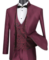 Bourbon Collection - Slim Fit 3 Piece Banded Collar Shiny Sharkskin Suit in Burgundy