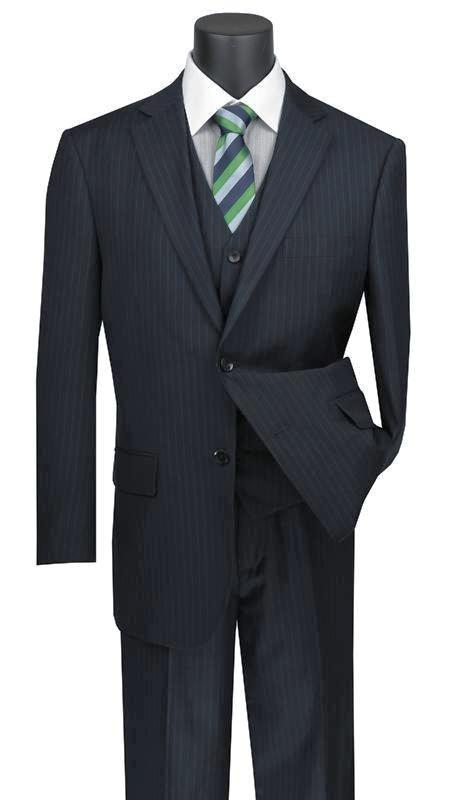 Sovana Collection - Regular Fit 3 Piece Suit 2 Button Tone on Tone Stripe in Navy