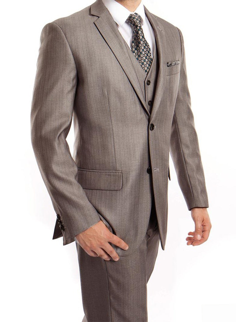 (34S, 42L, 46L) Gray 3 Piece Modern Fit Suit 2 Button V-Neck Vest
