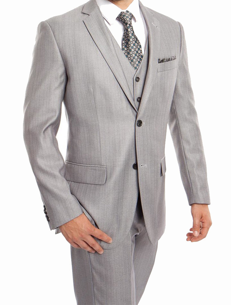 Light Gray 3 Piece Modern Fit Suit 2 Button V-Neck Vest