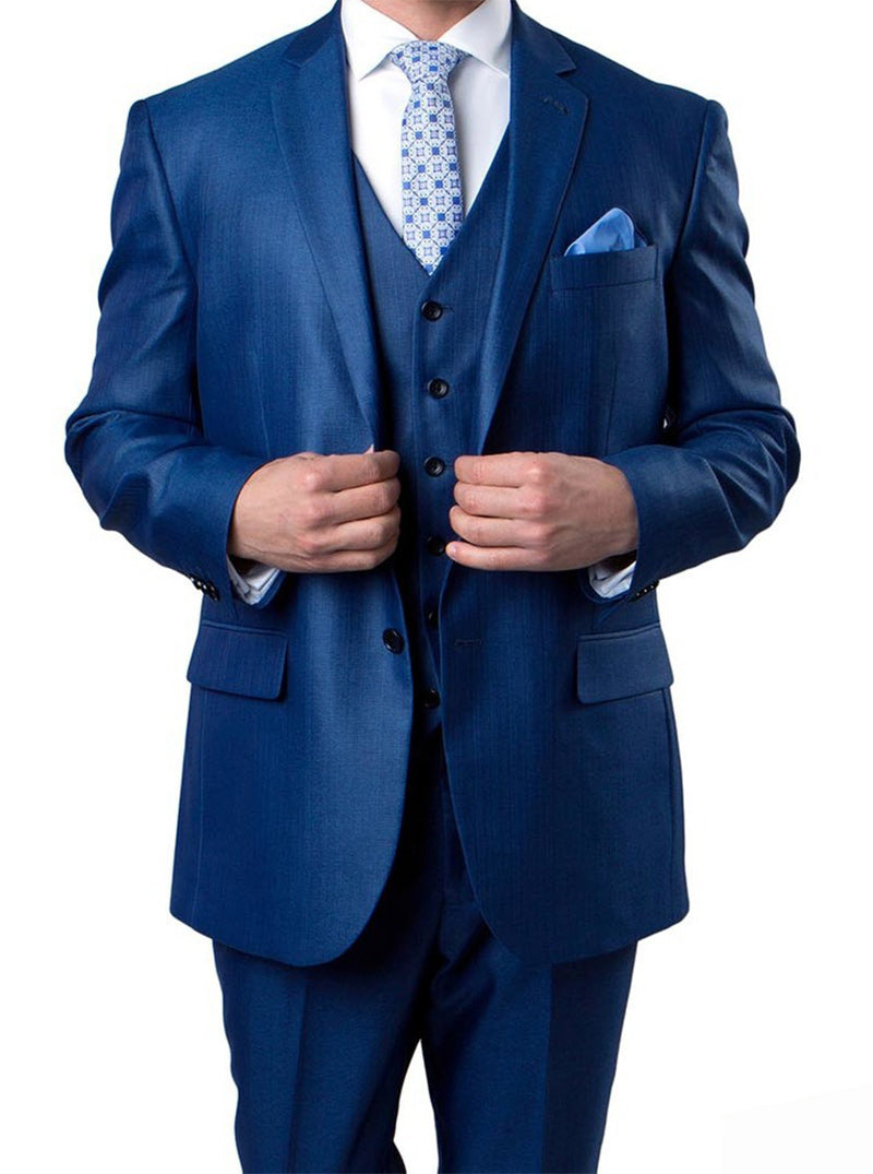 Blue 3 Piece Modern Fit Suit 2 Button V-Neck Vest