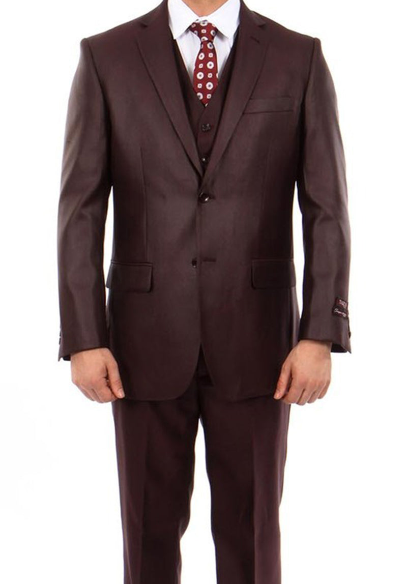(38R, 42R) Burgundy 3 Piece Modern Fit Suit 2 Button V-Neck Vest
