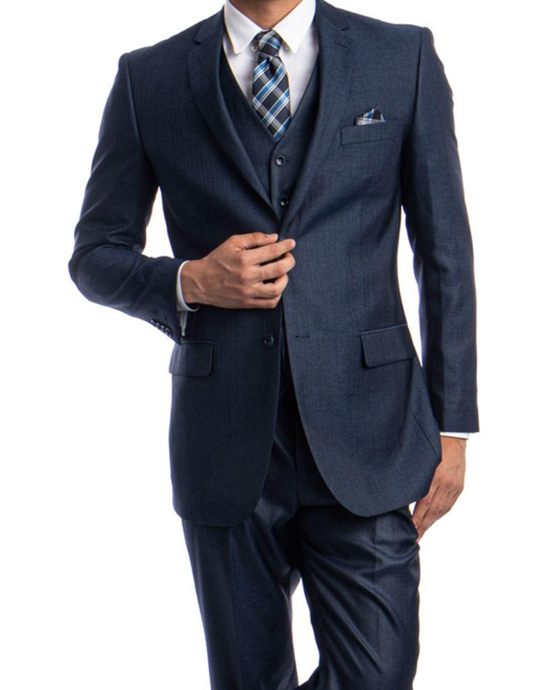 Navy Blue 3 Piece Modern Fit Suit 2 Button V-Neck Vest