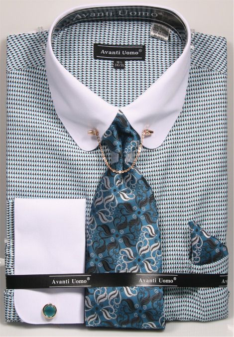 Mens Turquoise Dress Shirt Interlocking Ring Pattern Cotton Turquoise French Cuff Men's Dress Shirt