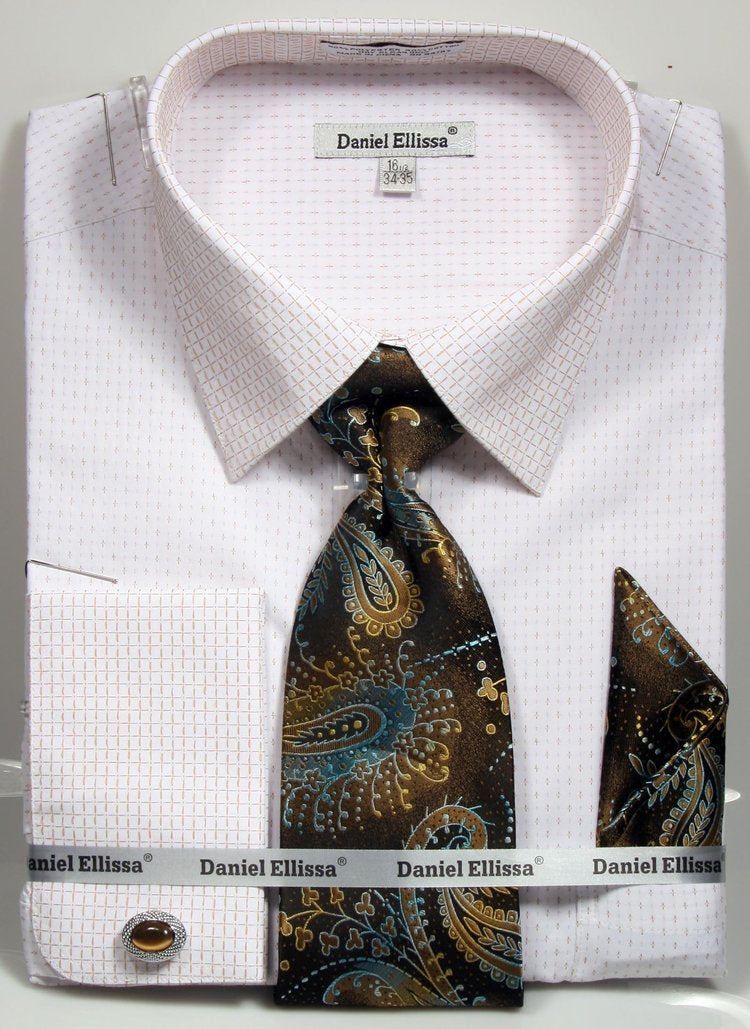 French Cuff Dress Shirt Regular Fit in White/Beige with Tie, Cuff Links and Pocket Square