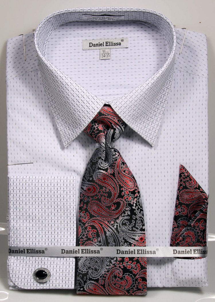 French Cuff Dress Shirt Regular Fit in White/Black with Tie, Cuff Links and Pocket Square