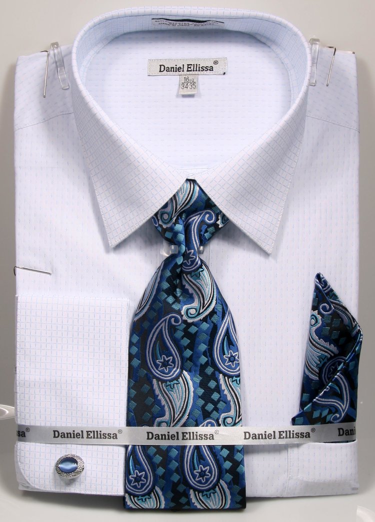 French Cuff Dress Shirt Regular Fit in White/Light Blue with Tie, Cuff Links and Pocket Square