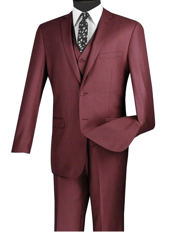 Slim Fit Business Men's Suit 3 Piece 2 Button in Burgundy