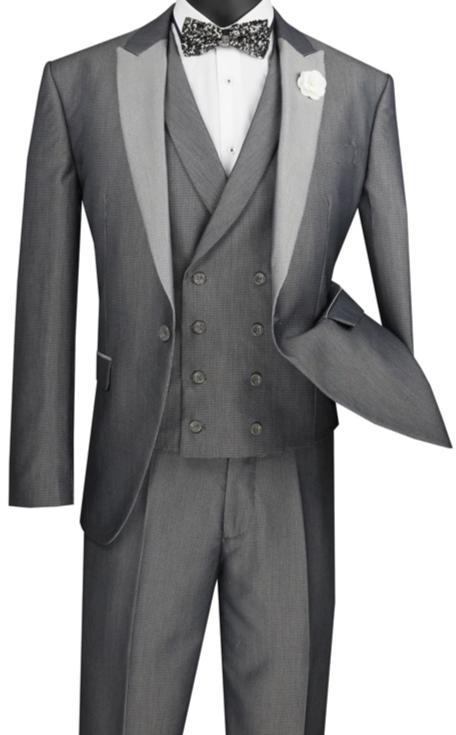 Silver Slim Fit 3 Piece Suit 1 Button with Double Breasted Vest