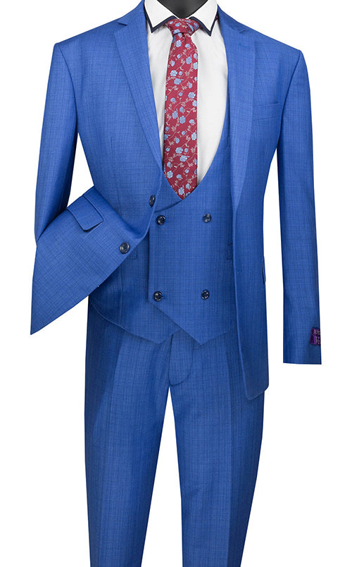 Slim Fit Suit 3 Piece with Double Breasted Vest Glen Plaid in Blue