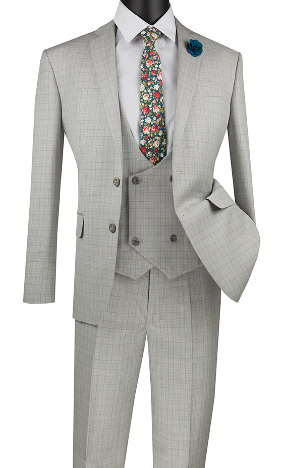 Slim Fit Suit 3 Piece with Double Breasted Vest Glen Plaid in Ice