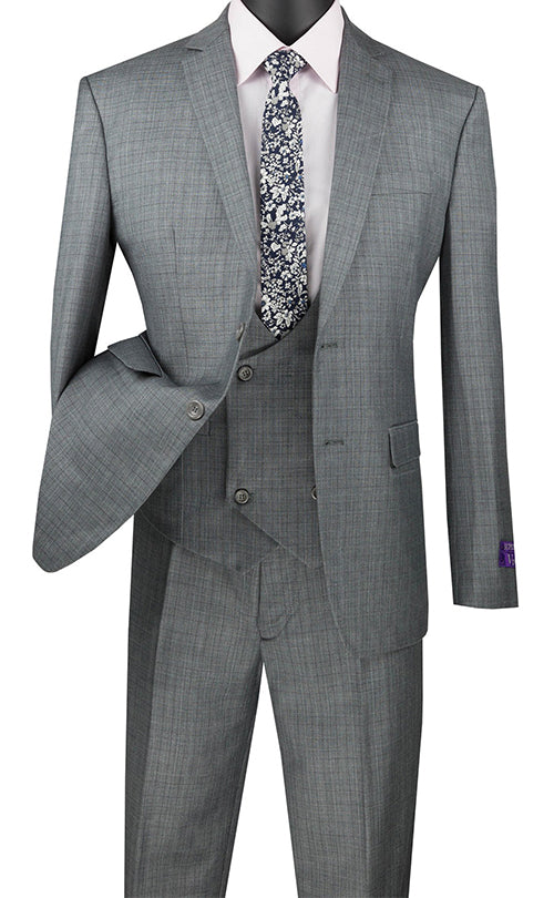 Slim Fit Suit 3 Piece with Double Breasted Vest Glen Plaid in Medium Gray