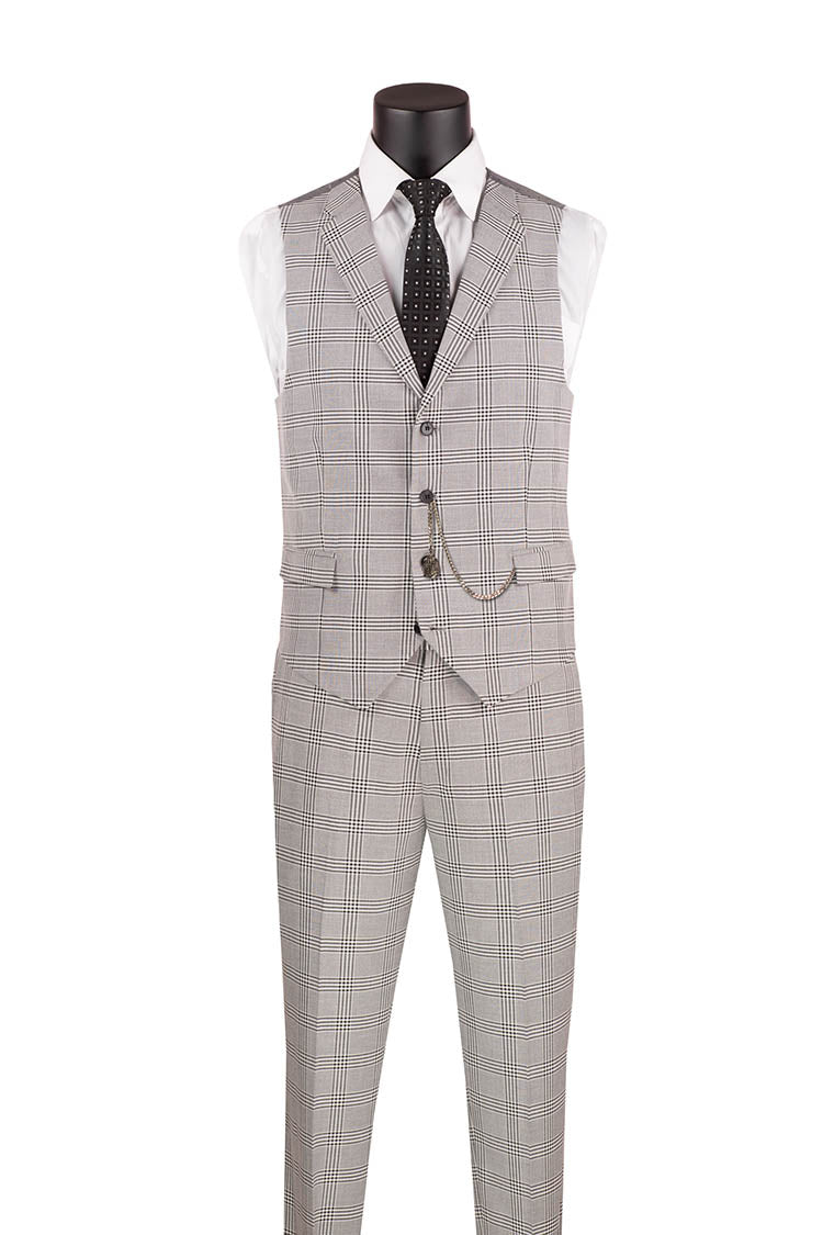 Slim Fit Suit Windowpane 3 Piece with Vest in Black/Gray