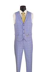 Slim Fit Suit Windowpane 3 Piece with Vest in Sky Blue