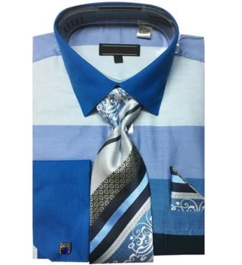 French Cuff Shirt in Blue with Tie, Cuff Links, and Handkerchief