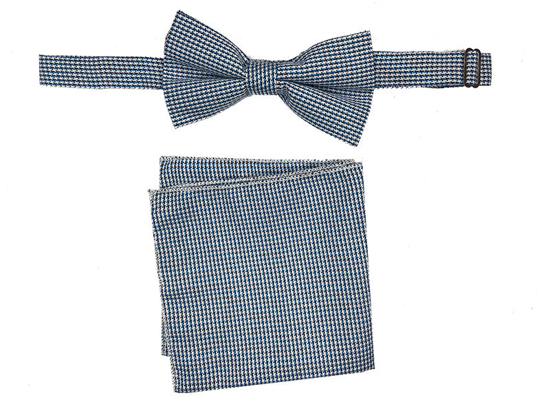 Men's Bowtie and Hanky Accessory Set in Blue Houndstooth