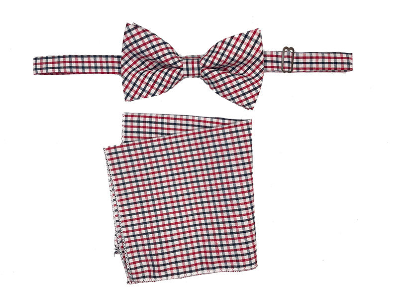 Men's Bowtie and Hanky Accessory Set in Red Navy plaid