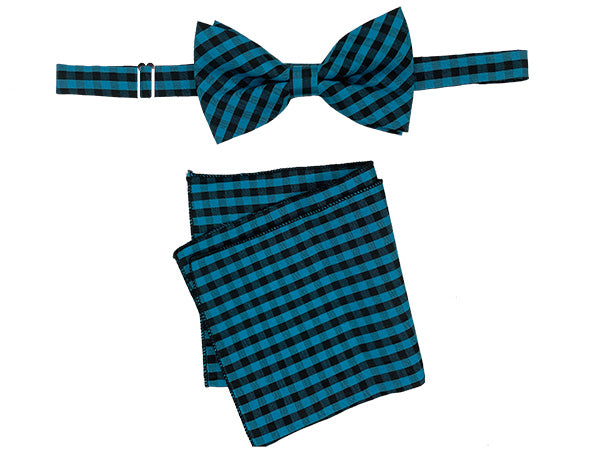 Men's Bowtie and Hanky Accessory Set in Forest Green plaid