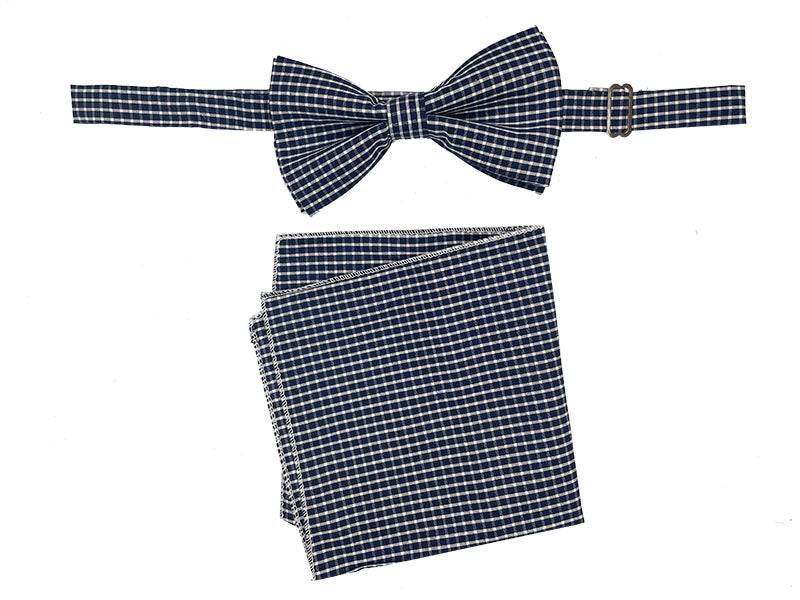 Men's Bowtie and Hanky Accessory Set in Navy Plaid