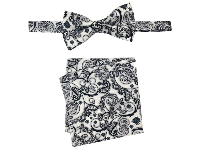 Men's Bowtie and Hanky Accessory Set in Black White Floral