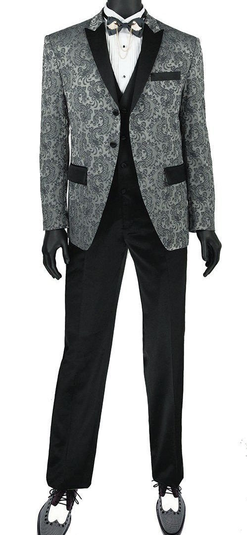 Slim Fit 3 Piece Tuxedo with Jacquard Pattern in Gray