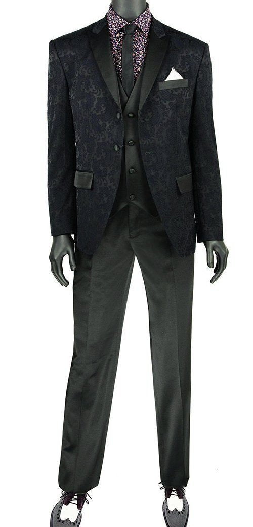 Slim Fit 3 Piece Tuxedo with Jacquard Pattern in Black
