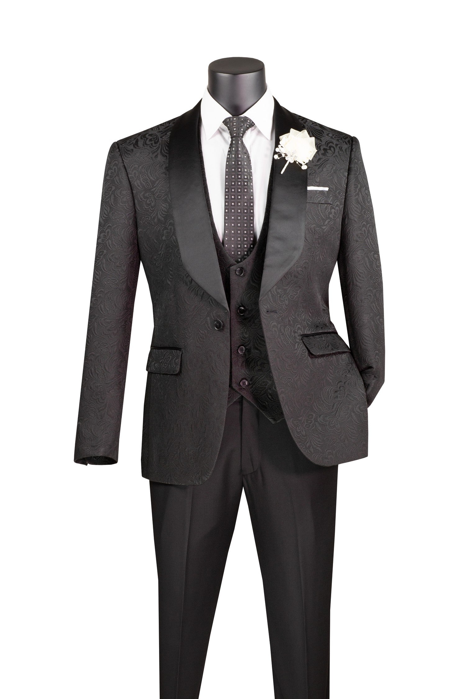 Slim Fit Tuxedo 3 Piece with Jacquard Pattern in Black