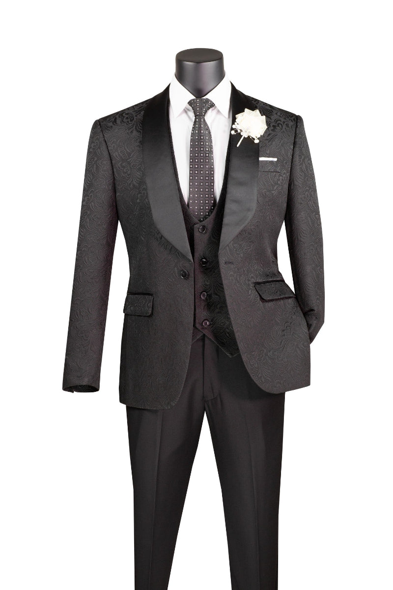 Black men's slim fit three piece jacquard tuxedo with matching vest