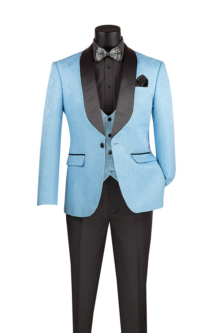 Slim Fit Tuxedo 3 Piece with Jacquard Pattern in Light Blue