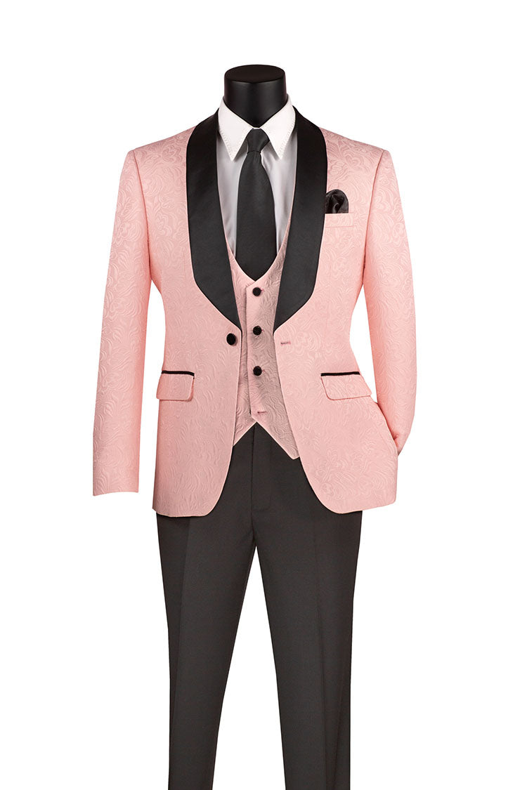 Slim Fit Tuxedo 3 Piece with Jacquard Pattern in Pink