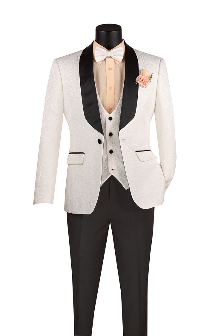 Slim Fit Tuxedo 3 Piece with Jacquard Pattern in White