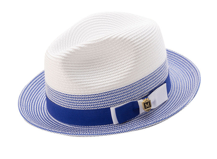 Men's Braided Straw Fedora Two Tone Weave in Royal Blue