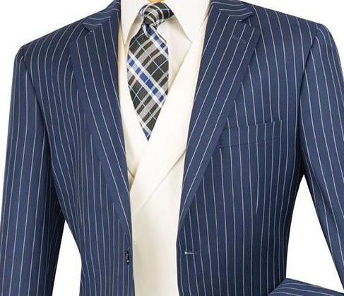 Helios Collection - Regular Fit 3 Piece Suit 2 Button Banker Stripe in Blue